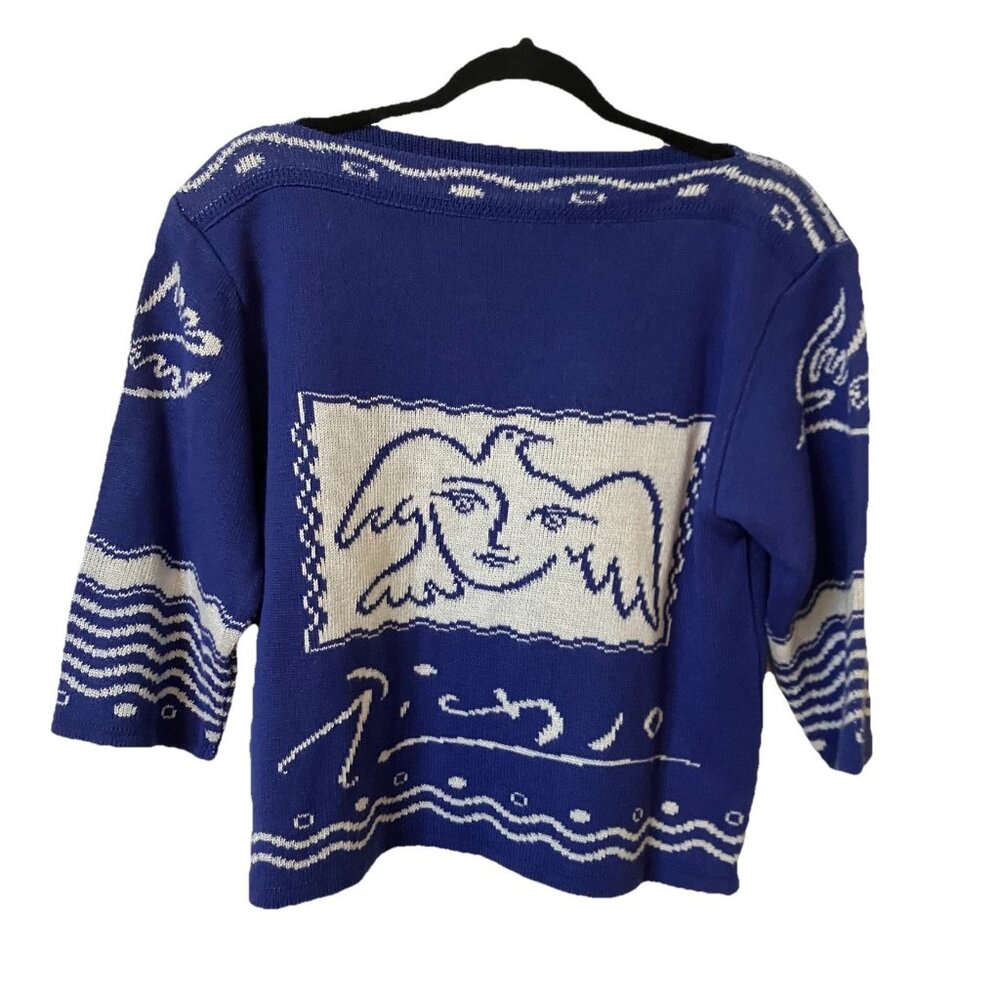 Vintage Helen Knits Sweater Picasso Womens M Blue Dove Peace Boat Neck Cropped